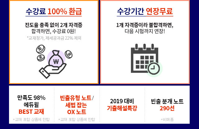 수강료 100% 환급, 수강기간 연장무료, 컴활 1급강좌 무료, 2019대비 기출해설특강 무료, 수강할인권 즉시제공