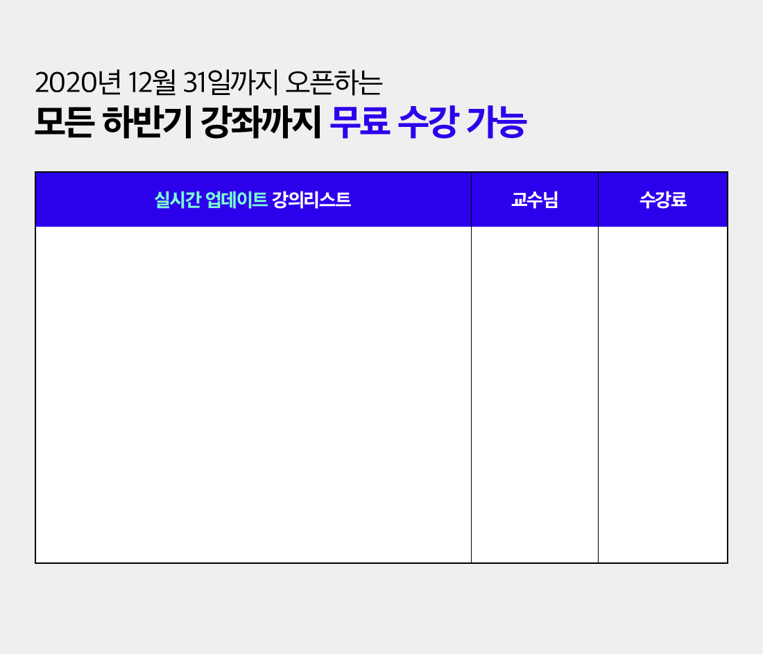 2020년 12월 31일까지 오픈하는 모든 하반기 강좌까지 무료 수강 가능